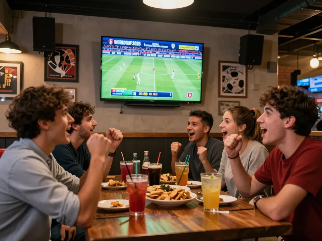 Cheering friends watching worldcup2026 live on TV, celebrating sports betting.