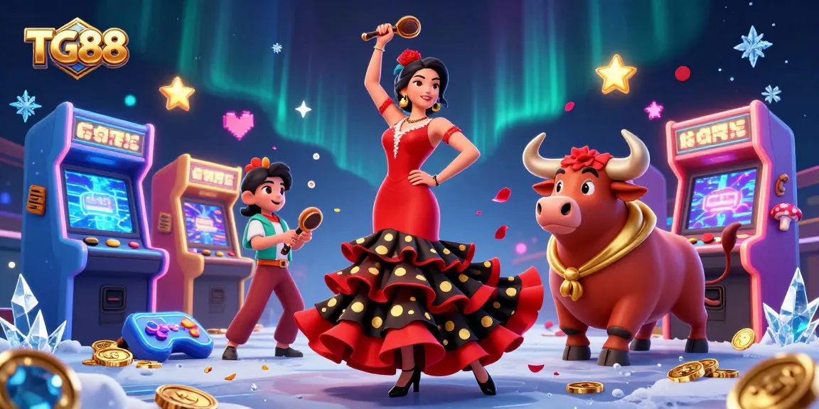 Experience the vibrant world of TG88 with a dramatic flamenco dancer and powerful bull surrounded by colorful casino elements.