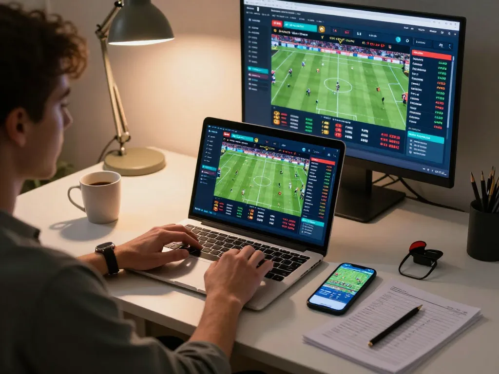 KQBD user engaging in online sports betting with live updates on laptop and smartphone