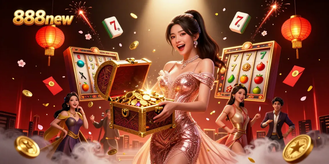 Experience the excitement of winning at 888new with a dazzling treasure scene featuring golden coins and colorful slot game elements.
