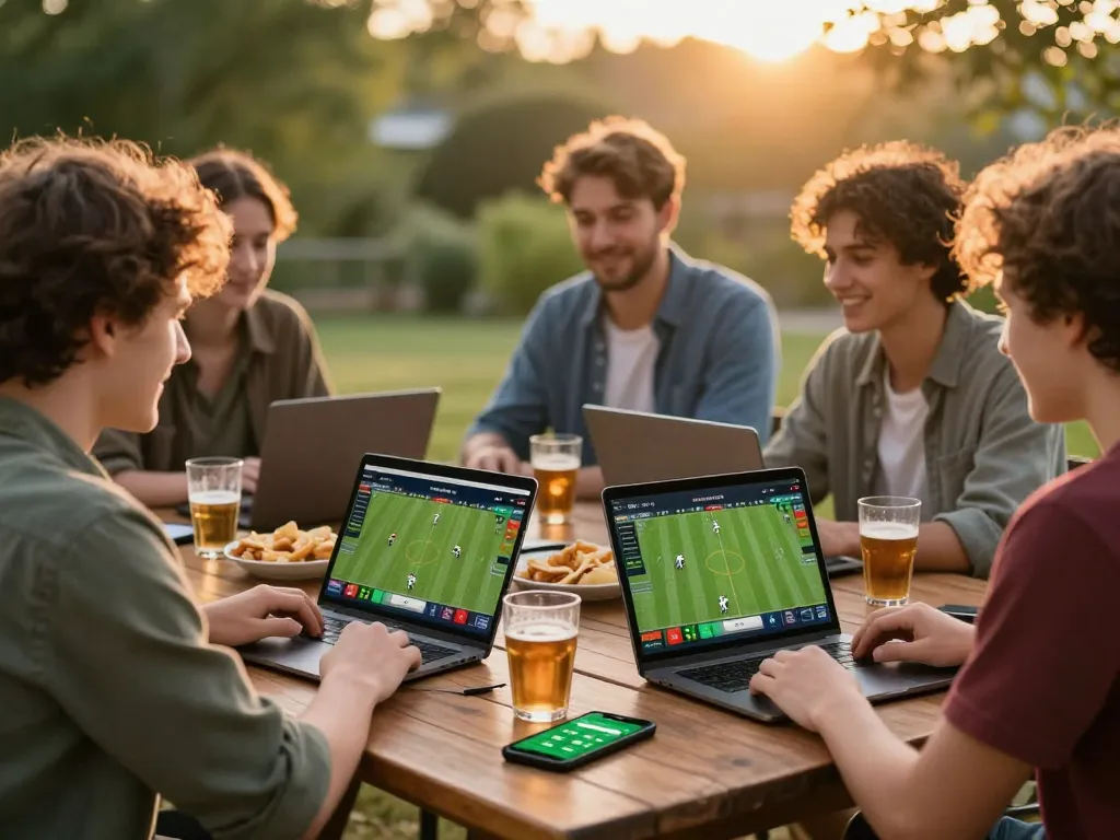 Friends enjoying sports betting with nhandinhkeonhacai apps on a warm evening, highlighting social gaming.