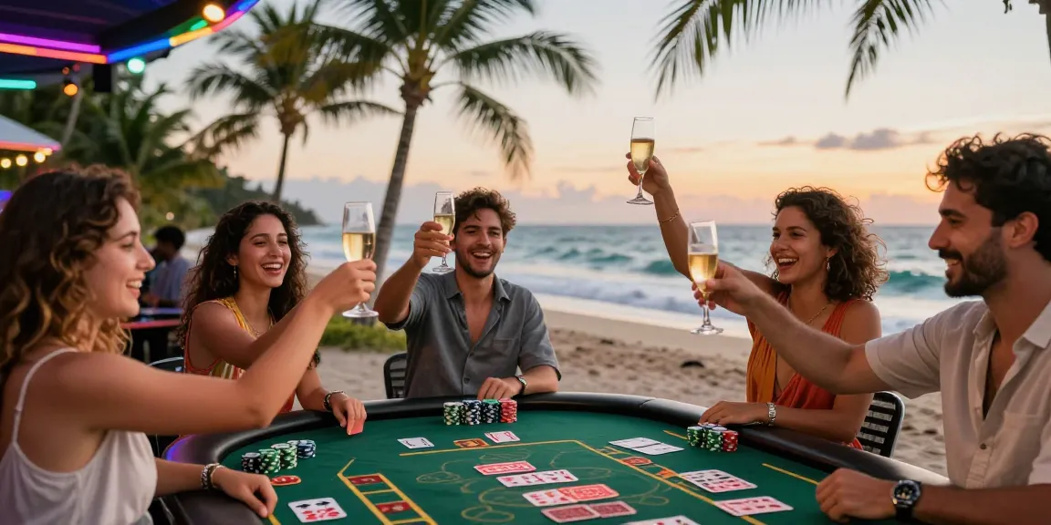 Celebrating friends at a beachside casino table enjoying 먹튀스팟 experience with poker chips.