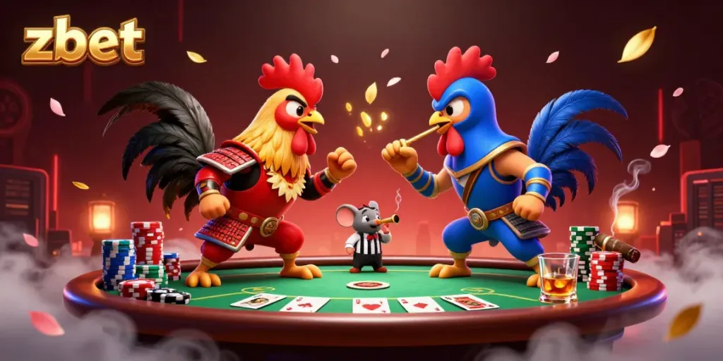 Exciting zbet scene featuring twin roosters in standoff, poker elements and vibrant motifs