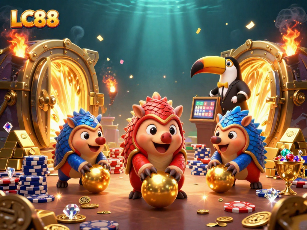Experience LC88 excitement as animated pangolins roll through poker chips in stunning casino art.