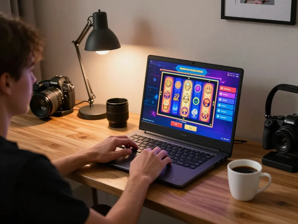 Engaged player at calzadagallery online setup spins vibrant slot machine reels for a thrilling gaming experience.
