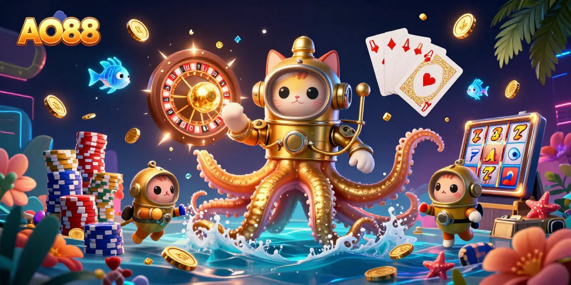 Experience thrilling action at AO88 with the kraken and diving cat amidst cascading golden coins.