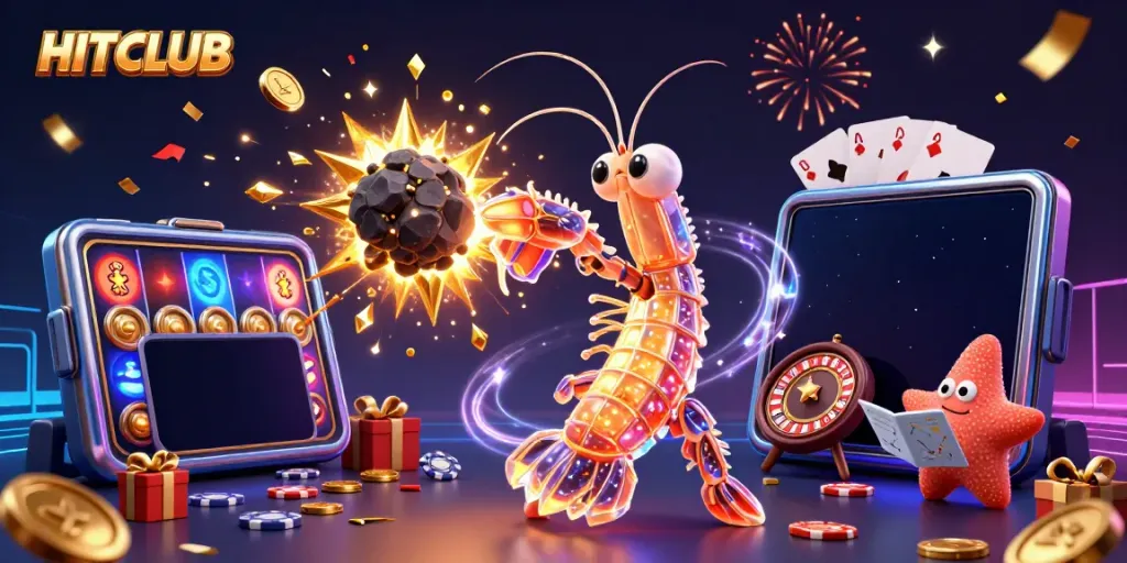 HITCLUB showcases an epic scene with a samurai mantis shrimp amidst dynamic slot game elements and celebration.