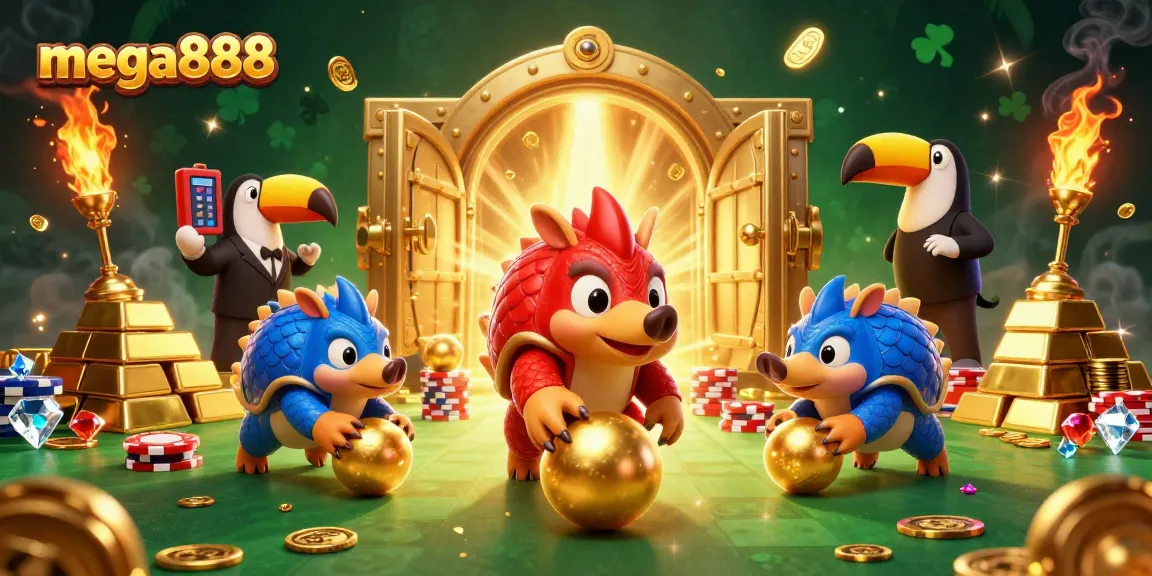 Play mega888 with vibrant pangolins bowling through a rewarding casino scene filled with treasures.