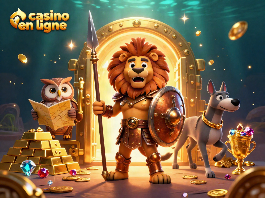 Jouez dans un casino en ligne en découvrant un lion en armure, des jeux et des trésors.