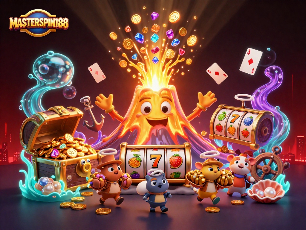 Experience thrilling wins with MASTERSPIN188 as the golden volcano erupts treasures in a vibrant casino scene.