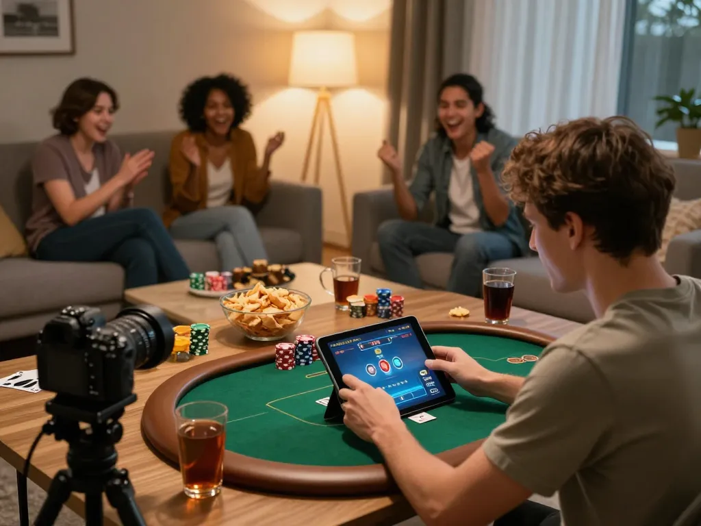 KADAL 778 online gaming session with a person playing poker on a tablet surrounded by friends in a cozy living room.