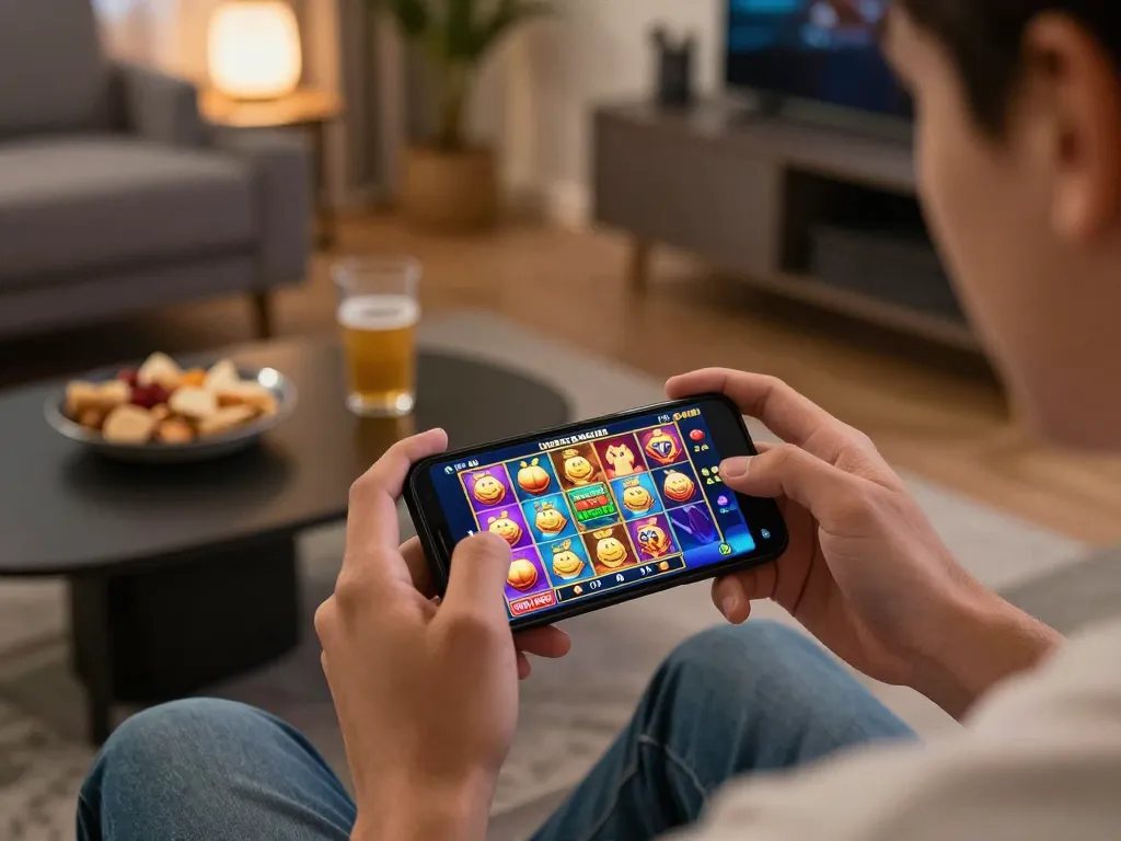 Player enjoying slot games on UG DEWA app in cozy living room with vibrant graphics.