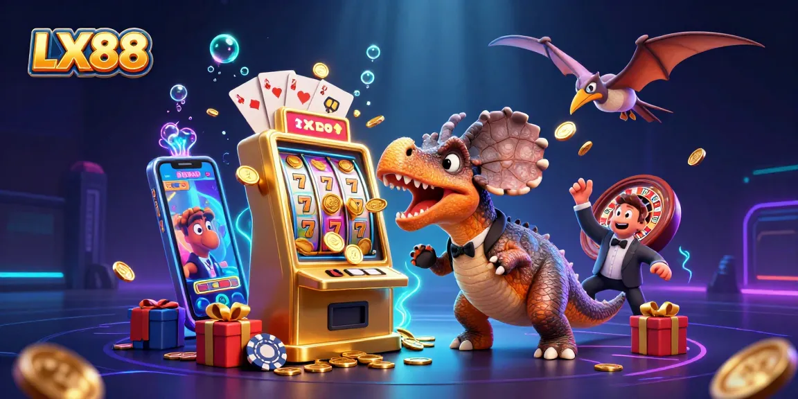 Experience the excitement of LX88 with a dino-themed jackpot scene full of coins and slot action.