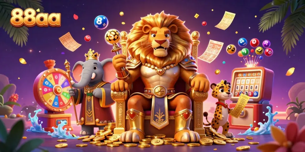 Engage with the 88aa online casino world featuring a lion king and gaming elements.
