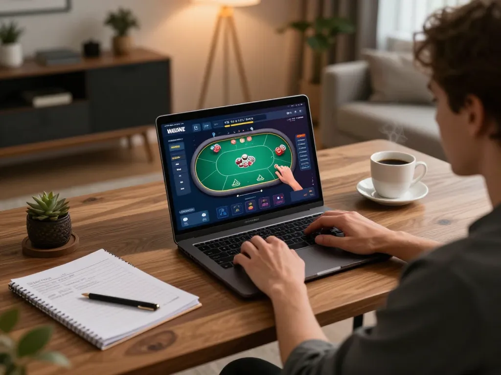 Player engaging with online casino interface on laptop at home, promoting 8kbet16.