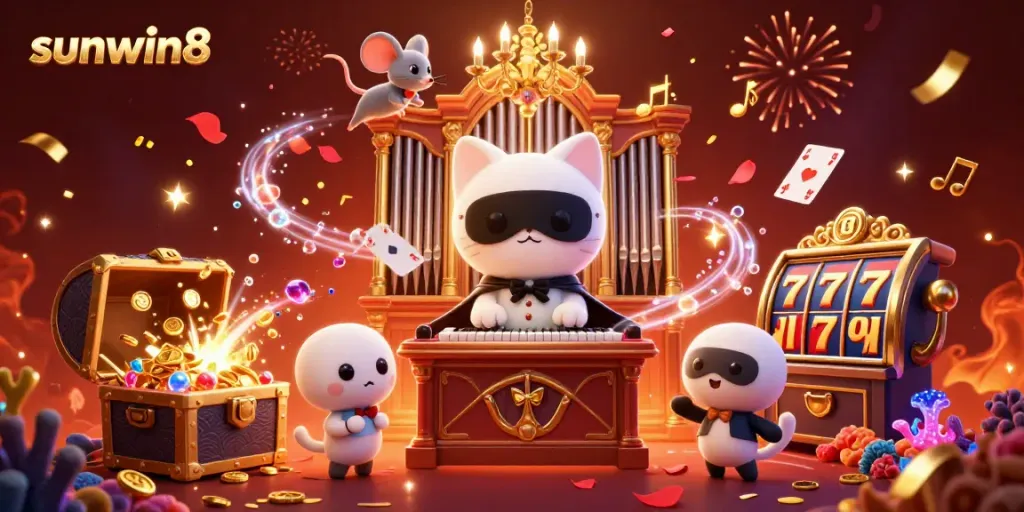 Engage in thrilling games at sunwin8 with the phantom cat and acrobat mouse in a vibrant casino scene.