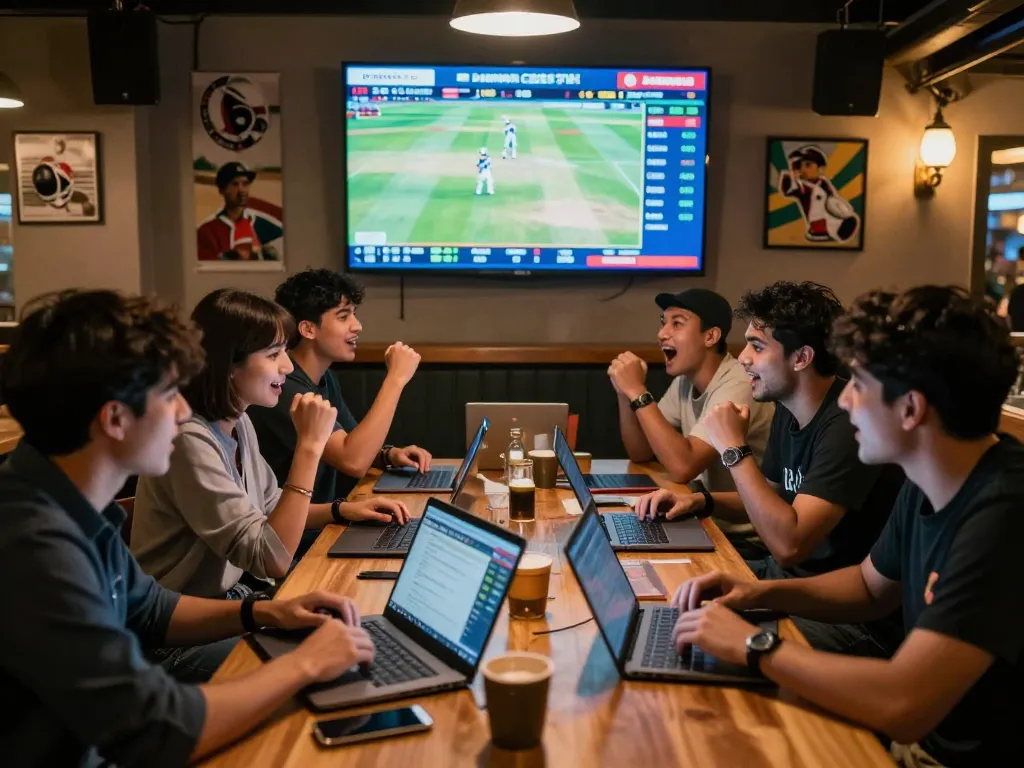 Engage in 99exch cricket betting with enthusiasts strategizing and enjoying games at a lively sports bar.