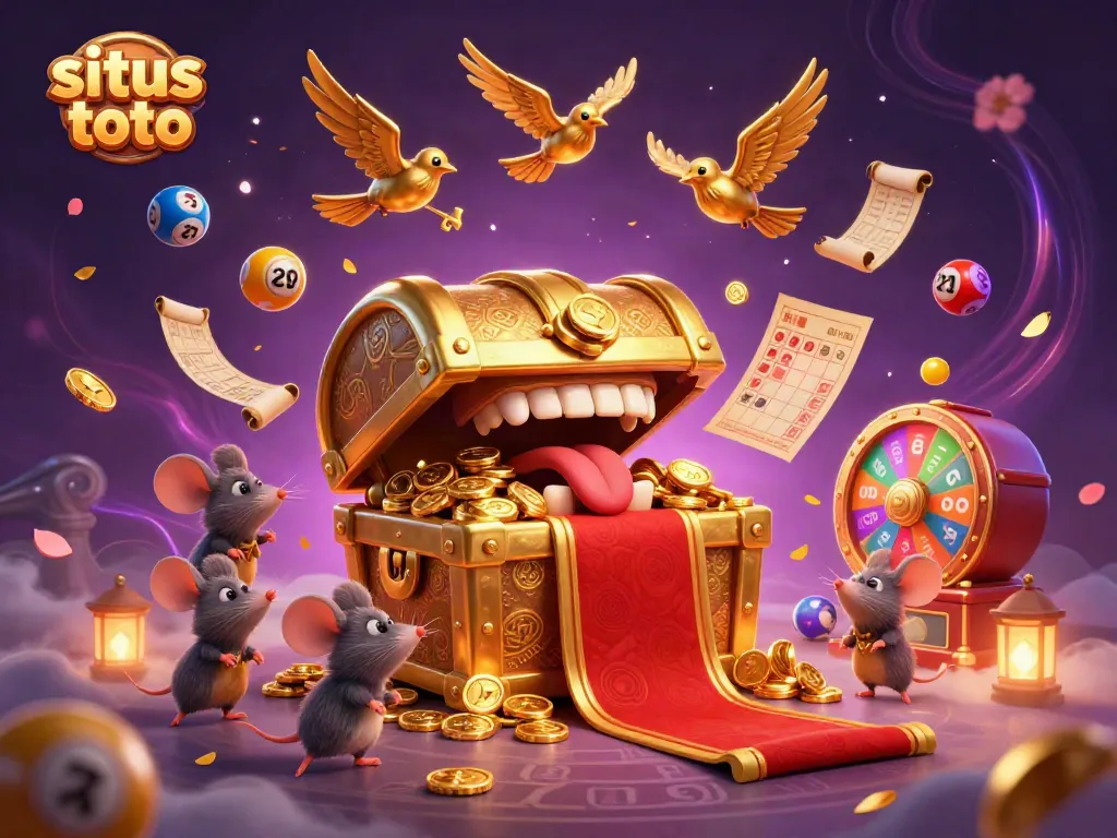 Engage in thrilling gameplay with situs toto, featuring colorful lottery balls and a treasure chest of riches.