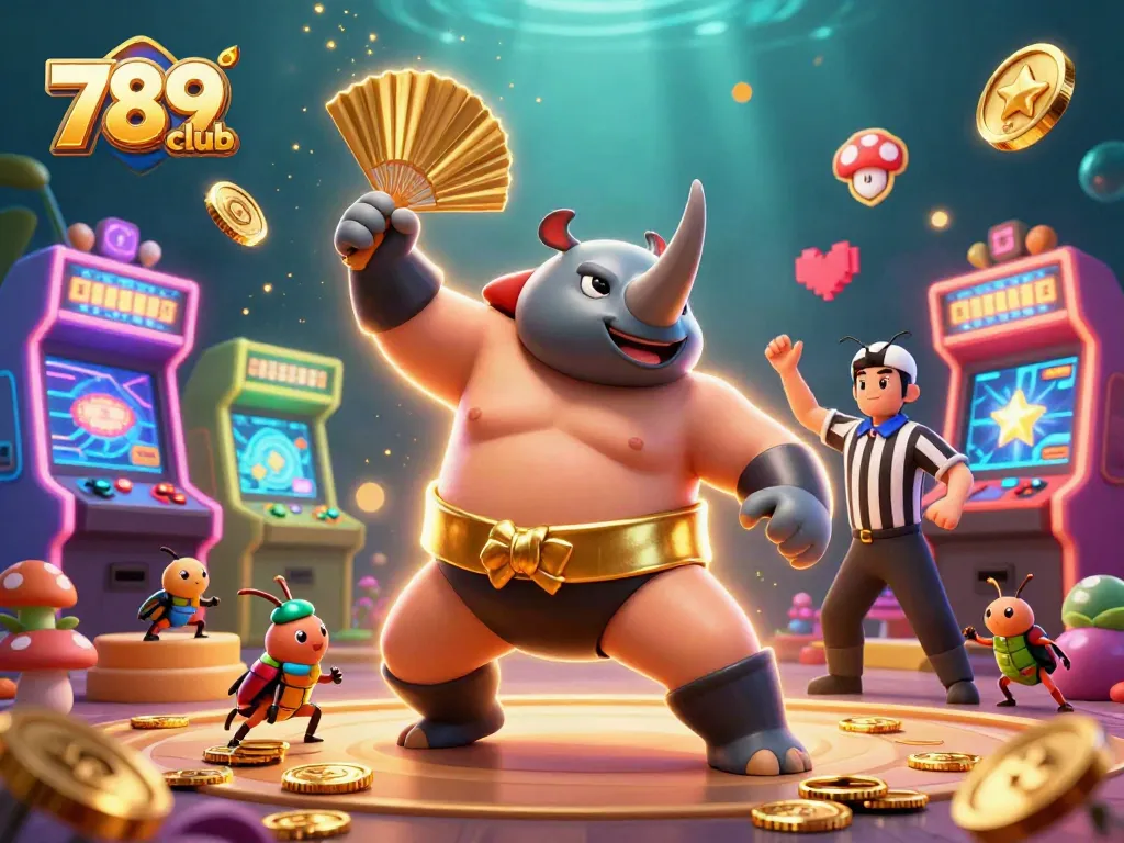 Engage with 789club's thrilling gameplay featuring a sumo champion beetle amidst dynamic casino elements.