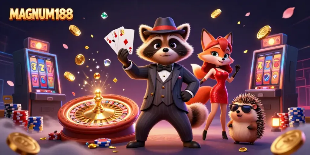 Join the fun at MAGNUM188 with a lively illustration of a raccoon, fox, and hedgehog celebrating a royal flush.