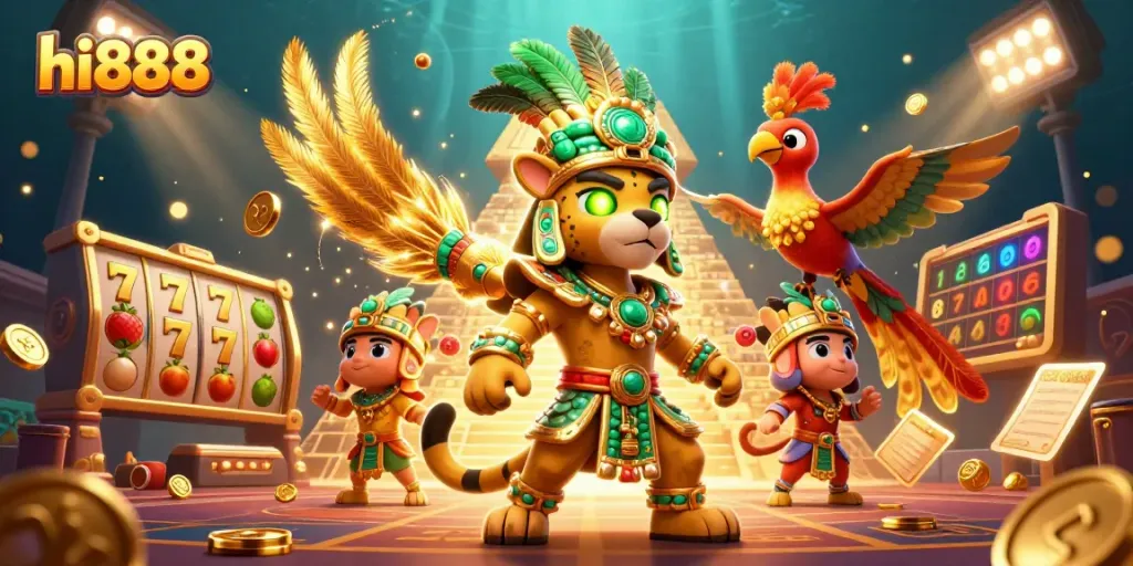 Engage with hi888 slots featuring a Mayan jaguar priest and golden symbols in an energetic casino scene.