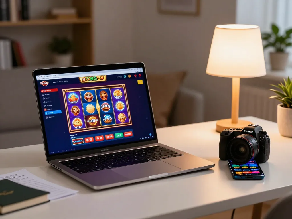Engaging scene showing online gambling on bong99 casino with colorful game displays and strategic notes