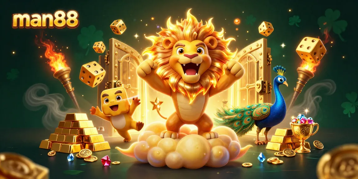 Join man88 for thrilling wins with vibrant 3D casino graphics featuring a roaring sun lion.