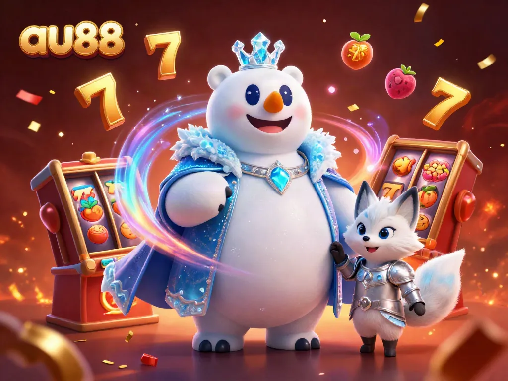 Experience thrilling gameplay at au88 with a dazzling polar bear and fox amidst vibrant slot symbols.