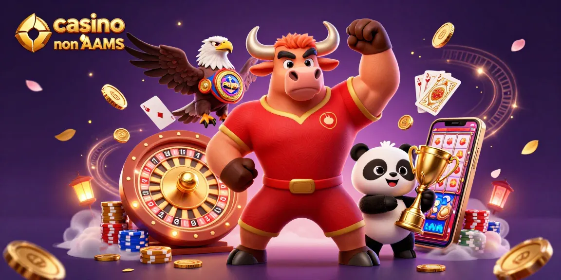 Casinò online non AAMS con un toro in maglia rossa e oro e simboli di gioco in un'atmosfera vivace.