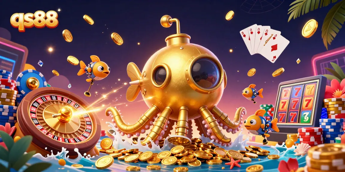qs88 showcases an exciting 3D scene with a kraken submarine and dynamic casino elements.