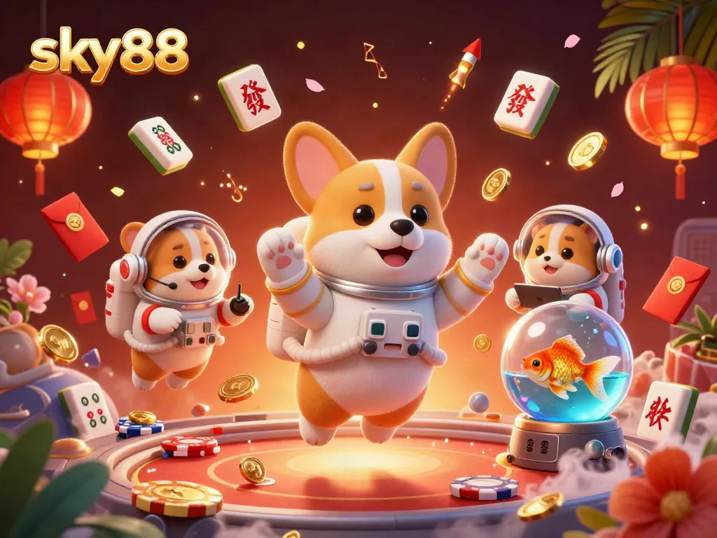 Engage with sky88's thrilling game environment, featuring a floating corgi and vibrant casino elements.