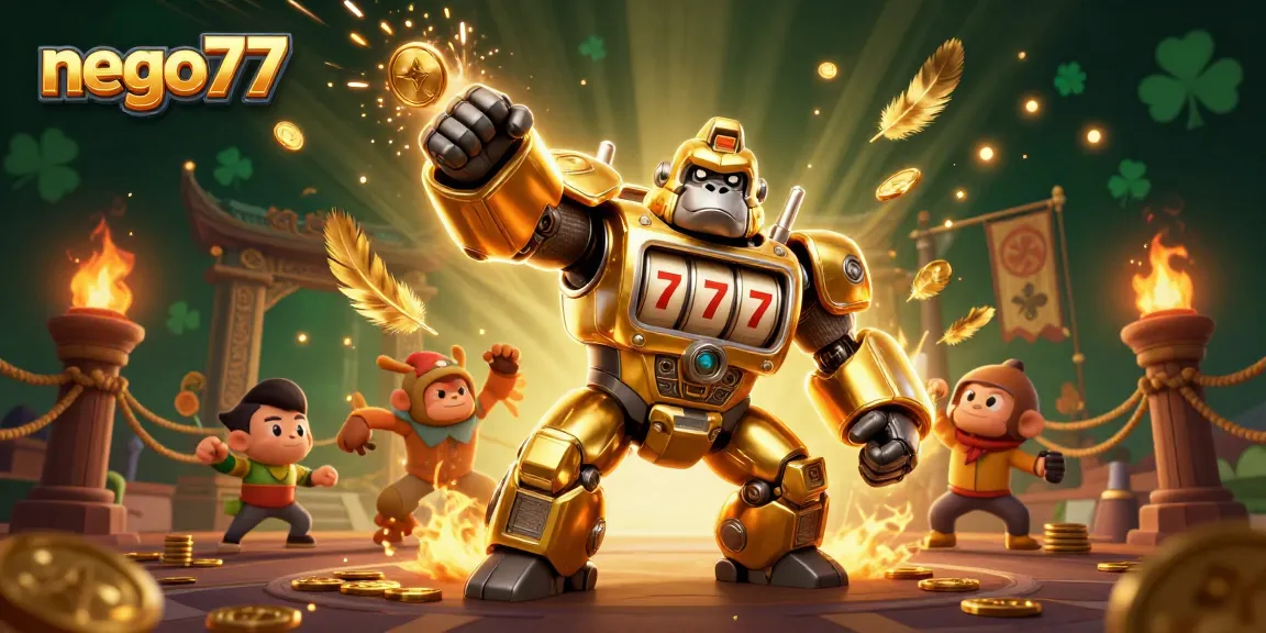 Experience thrilling wins with nego77 in an explosive 3D gambling scene featuring a golden gorilla mech.