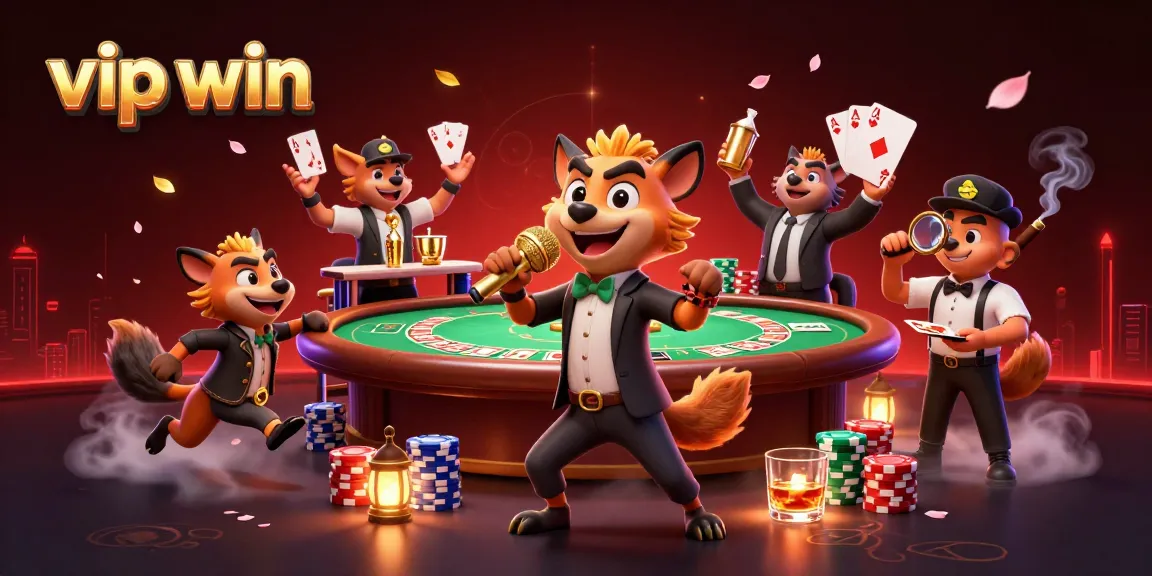 Engage with vip win's lively casino atmosphere featuring humorous hyenas and vibrant game elements.