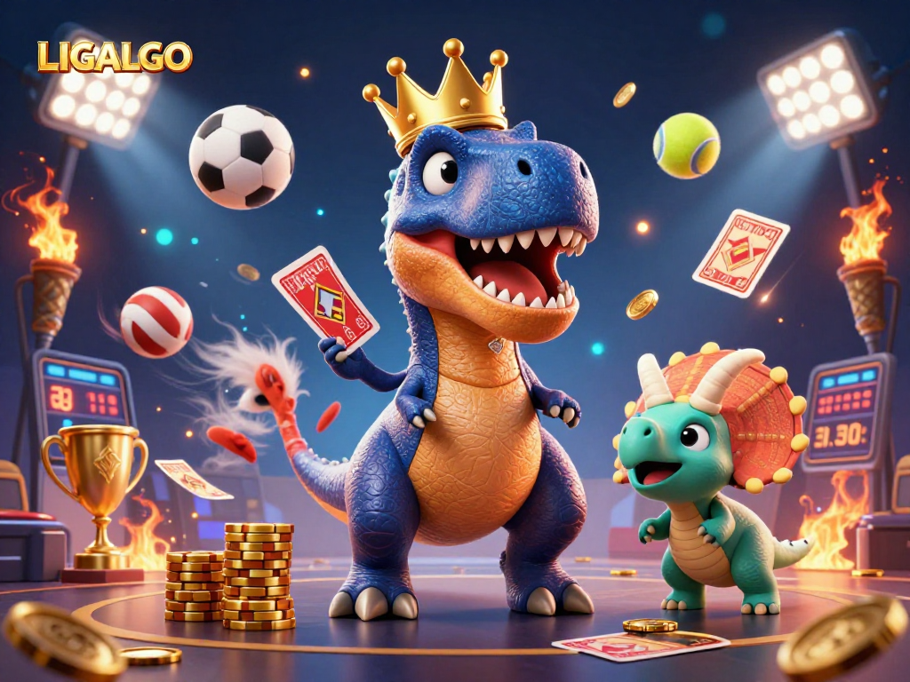 LIGALGO brings excitement as friendly creatures shuffle cards and stack chips in a vibrant casino scene.