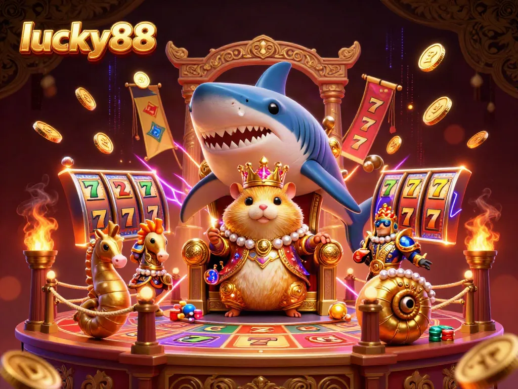 Experience winning with lucky88 in this vibrant casino-themed illustration featuring unique characters.