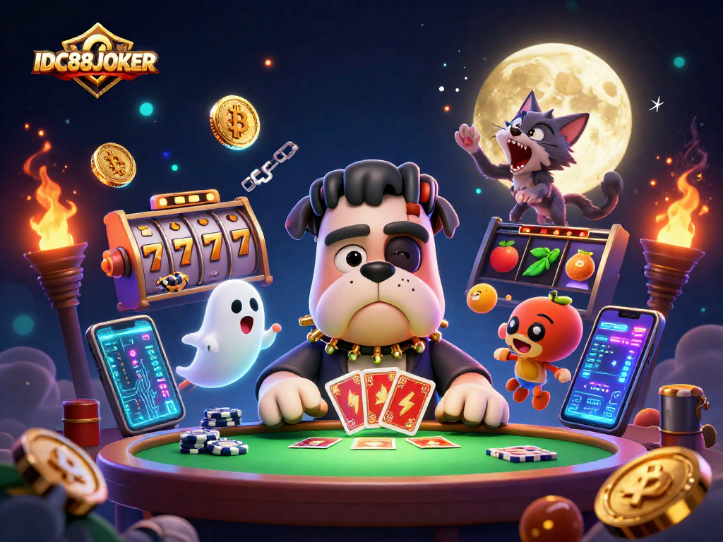 Engage with IDC88JOKER's thrilling gameplay as a 3D cartoon bulldog monster deals cards.