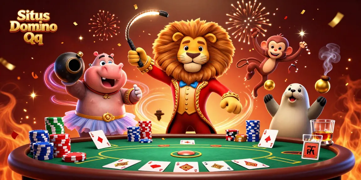 Engage in thrilling action at Situs Domino Qq with exciting poker and vibrant circus characters lighting up the scene.