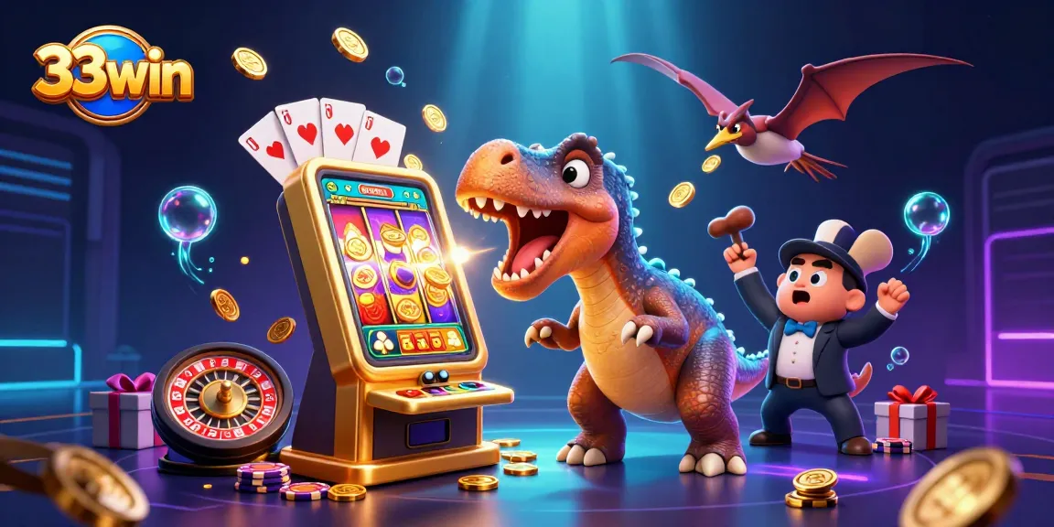 Exciting 33win illustration of a pachycephalosaurus hitting a slot machine for a jackpot.