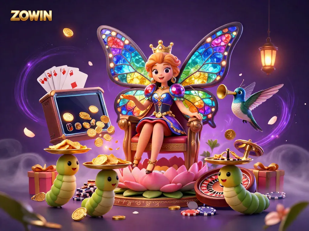 ZOWIN engages players in an exciting 3D casino setting with vibrant cartoon characters and gambling elements.
