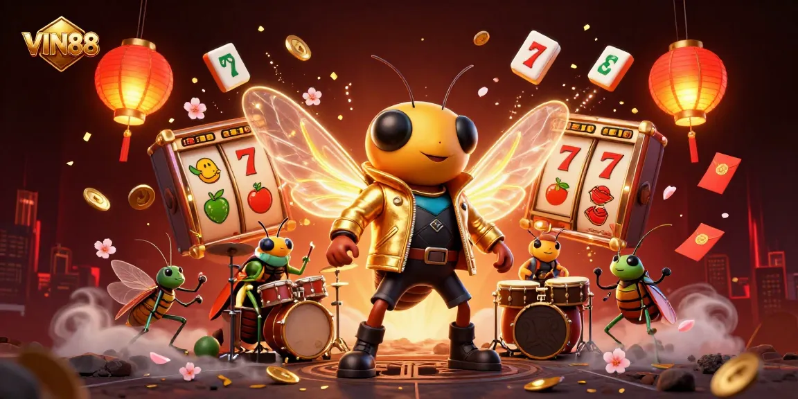 Experience exhilarating wins at VIN88 with an electrifying gaming scene featuring a rock star cicada.
