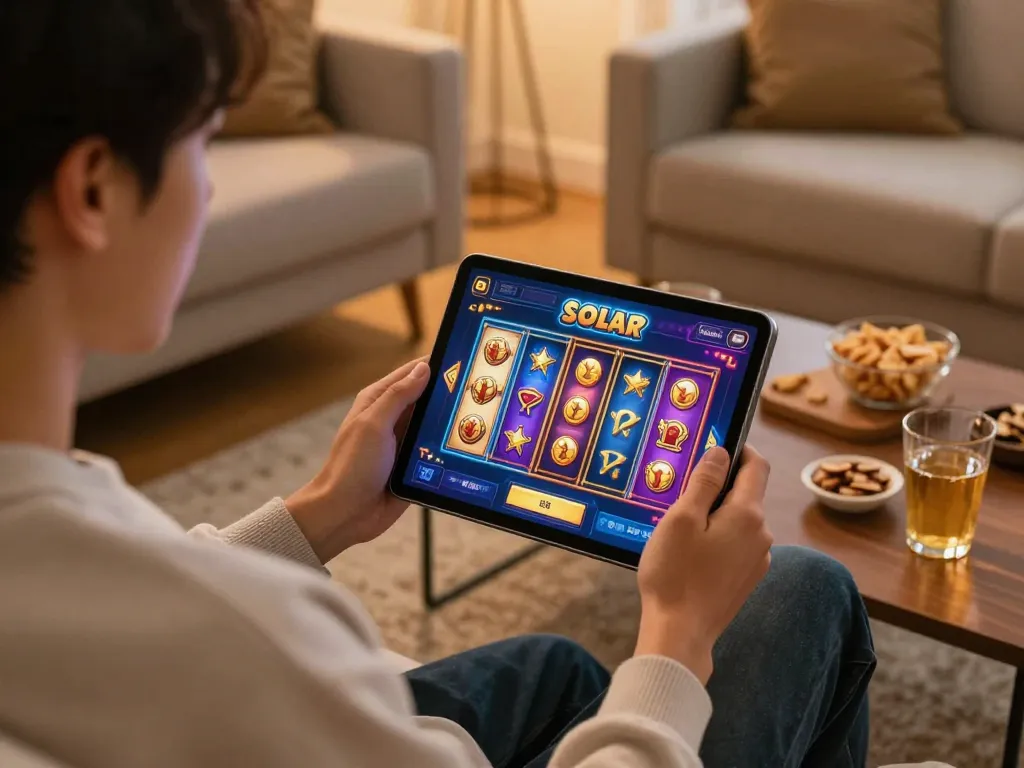 Engaging gameplay on Slot Luar interface from a cozy home setting, showcasing the online gaming experience.