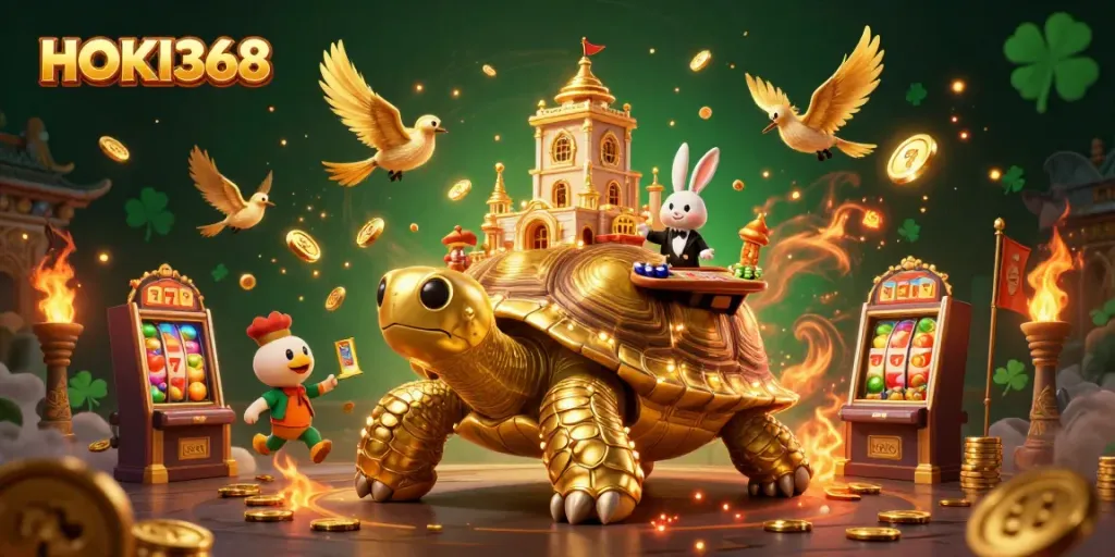 Experience HOKI368 with a golden tortoise casino scene featuring vibrant slot elements.