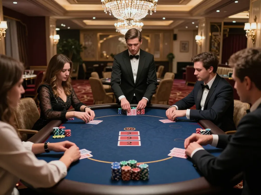 MPO ID poker players in sophisticated casino VIP area awaiting card deals