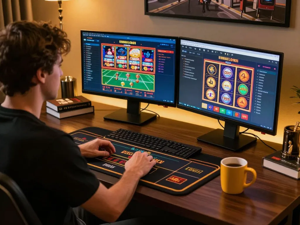 Person engaging with multiple gambling screens on fabet, showcasing live dealer game and betting strategies