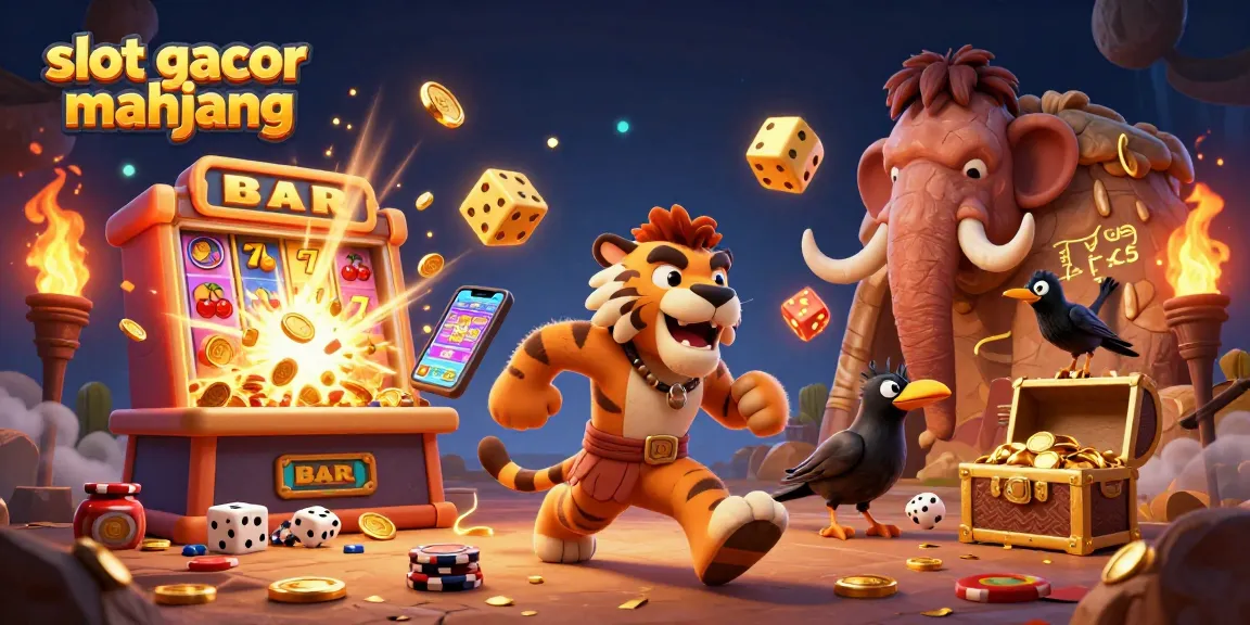 Experience action with slot gacor mahjong in a vibrant prehistoric casino scene exploding with excitement and treasures.
