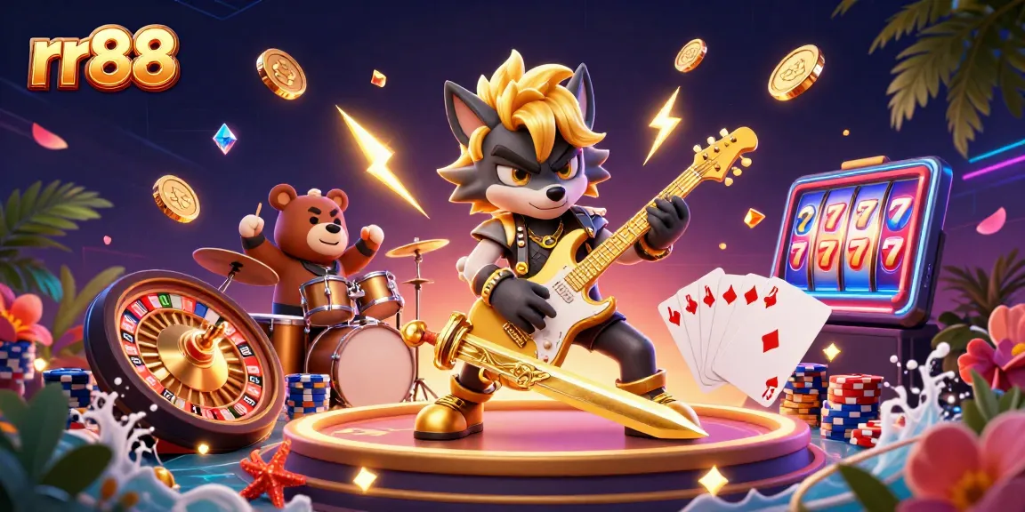 rr88 features a rock star wolf performing at a vibrant casino stage with dynamic gaming elements.