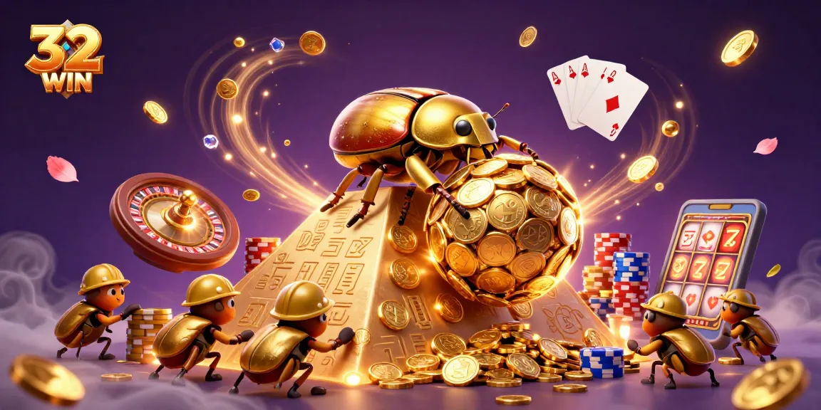 Engage in thrilling games at 32WIN with golden coins cascading and vibrant casino elements surrounding a giant dung beetle.