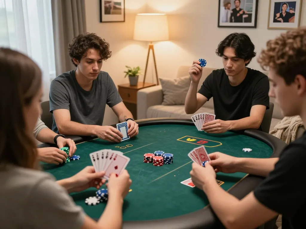 Engaged players enjoying IDC88 JOKER poker game in a cozy home setting, showing strategic gameplay.