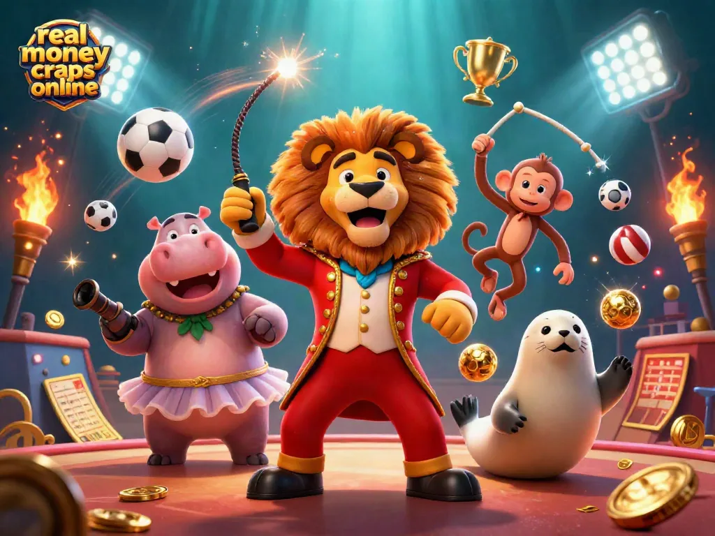 Play real money craps online in this vibrant 3D circus scene with dynamic elements and engaging characters.