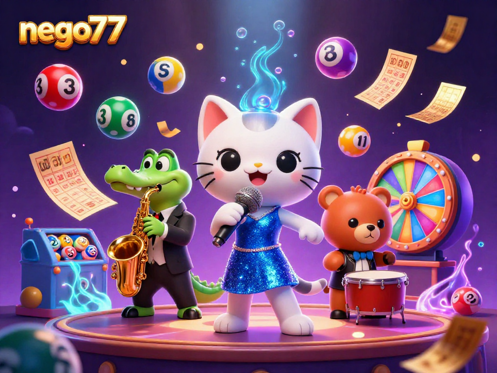 Game with nego77 featuring vibrant characters, bouncing lottery balls, and dynamic casino elements.